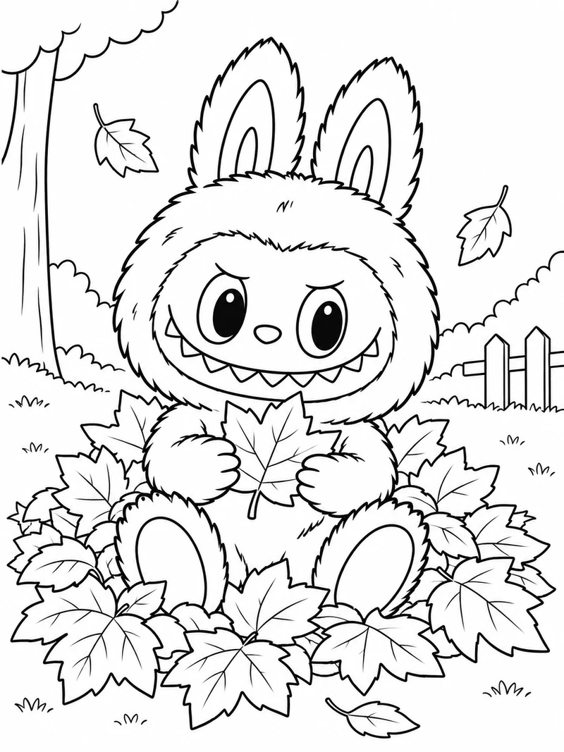 Labubu with two pointed ears and a wide toothy smile sits in a mound of large autumn leaves.
