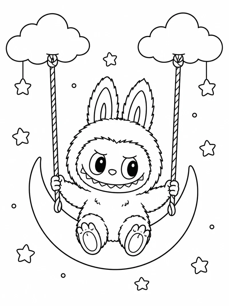 Labubu sits on a crescent-moon swing suspended between two clouds, pointed ears and grin clear.