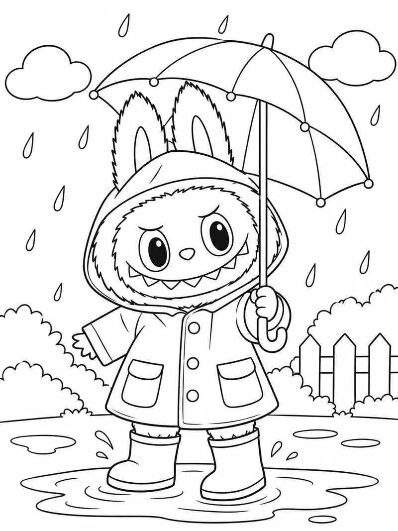 Labubu wears a small raincoat and boots while holding an umbrella, its characteristic pointed ears and grin visible.
