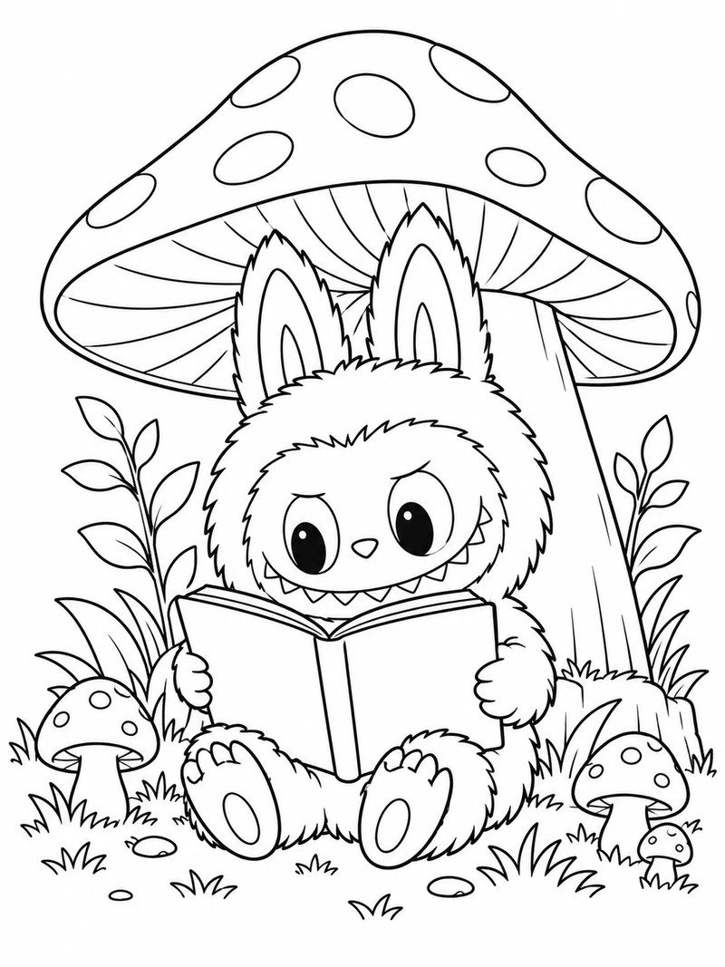 Labubu reads a blank open book beneath a large spotted mushroom, with its pointed ears fully visible.