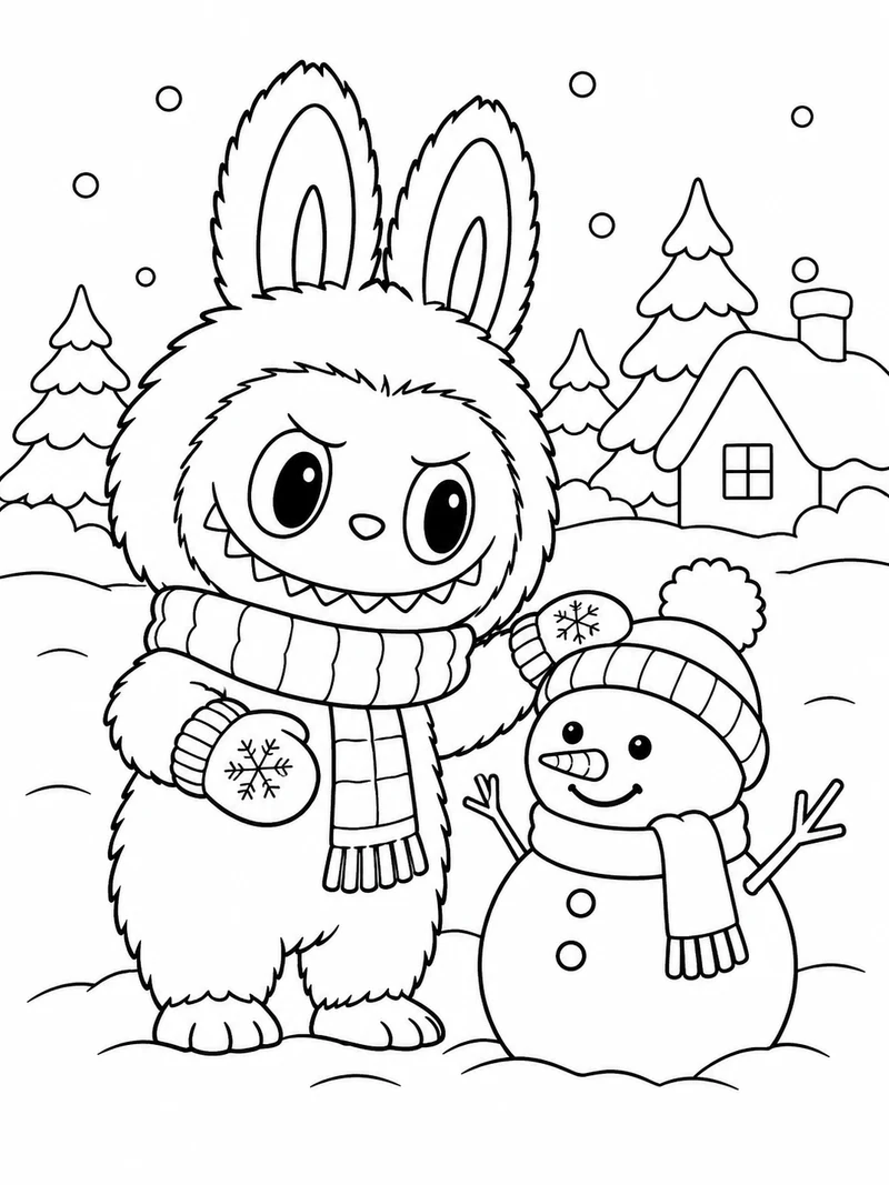 Labubu wears a knitted scarf and mittens beside a small snowman, ears fully visible and characteristic toothy grin retained.