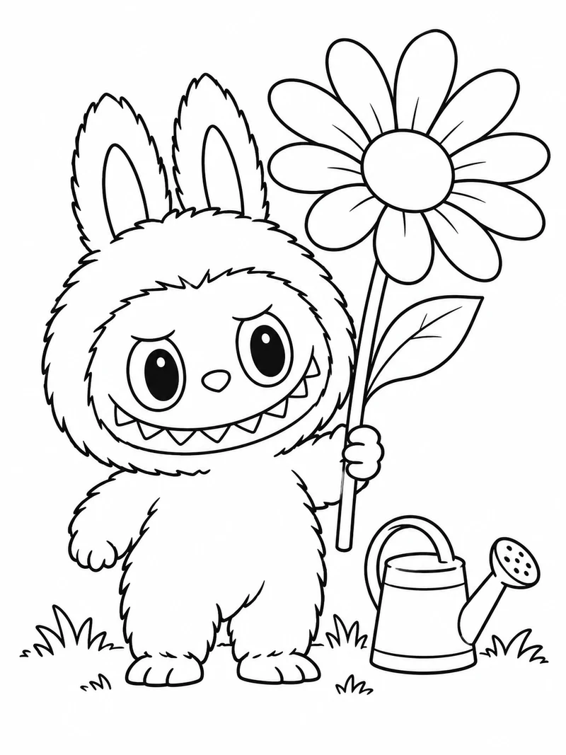 Labubu holds one oversized daisy beside a small watering can.