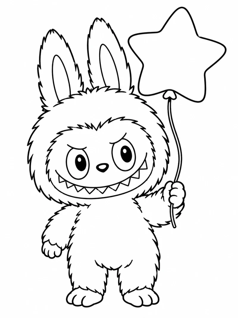 Labubu with long pointed ears and a toothy grin holds a star-shaped balloon.