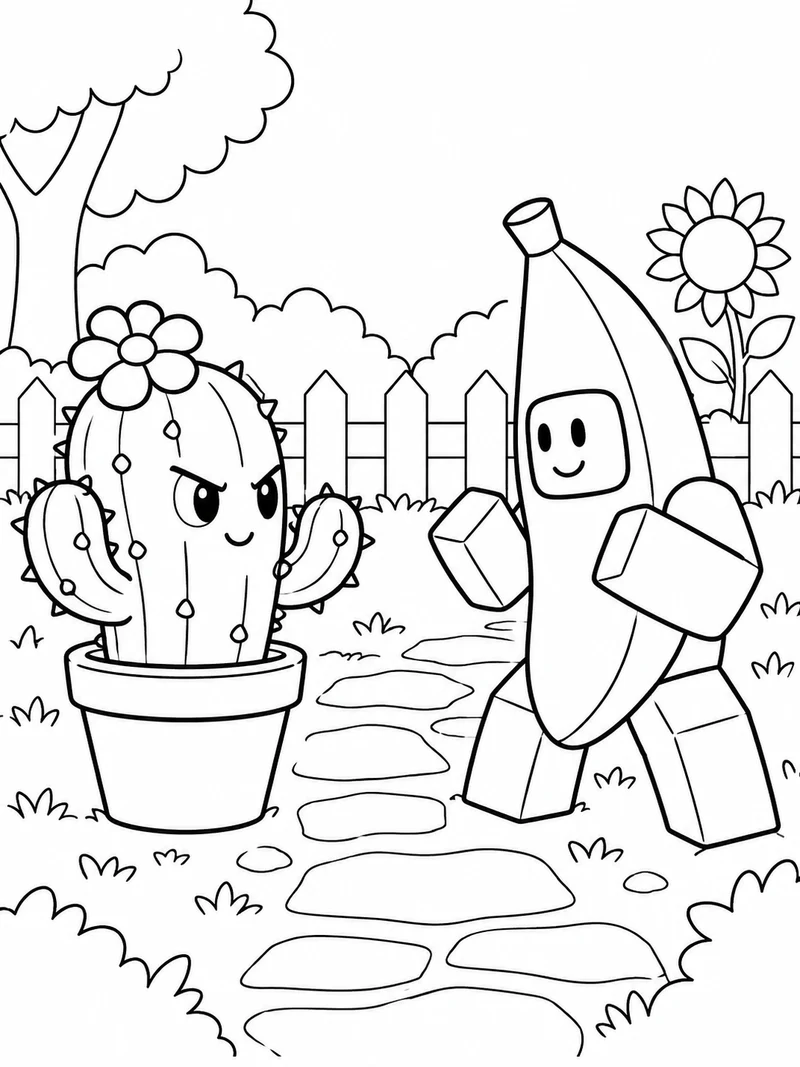 Plants vs Brainrots fan art: a friendly potted cactus defender faces Noobini Bananini, a simple blocky banana-costumed character, across a garden path.