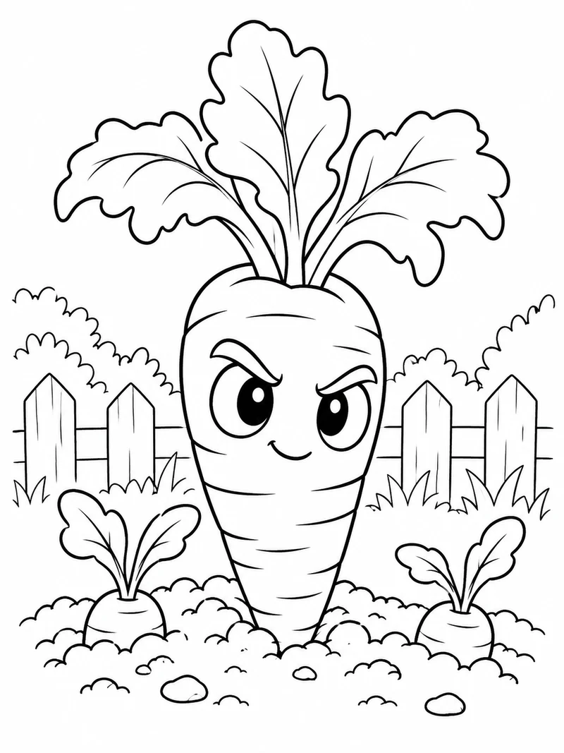 A Plants vs Brainrots fan-art carrot defender with leafy hair, large eyes and a tapered root body emerges from a patch of soil beside two sprouts.