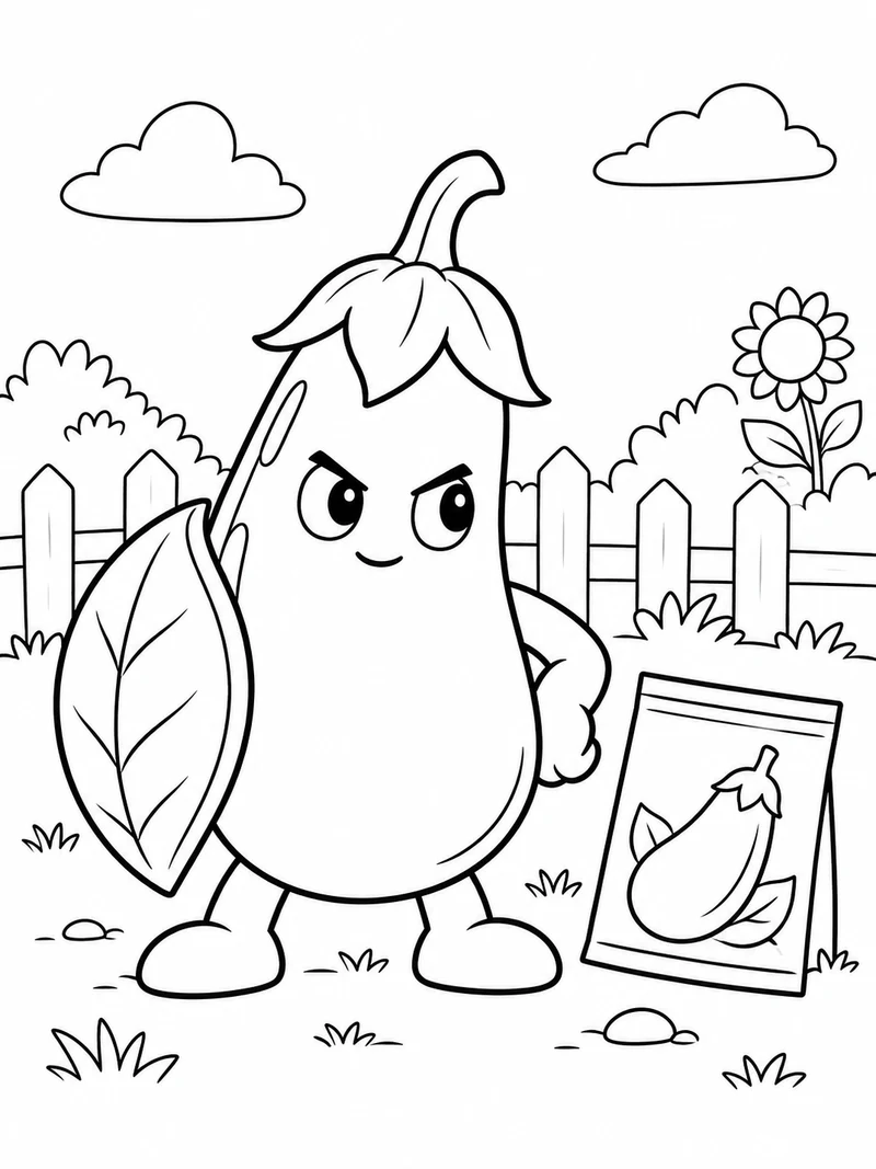 A Plants vs Brainrots fan-art eggplant defender with a rounded eggplant body, leafy cap and small expressive face stands beside a seed packet with a simple picture.