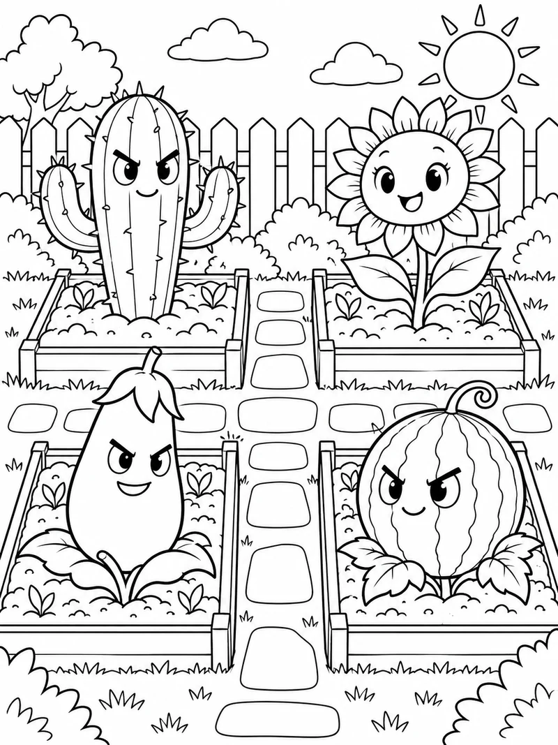 Plants vs Brainrots fan art: cactus, sunflower, eggplant and watermelon plant defenders stand in four separate garden beds with clear paths between them.