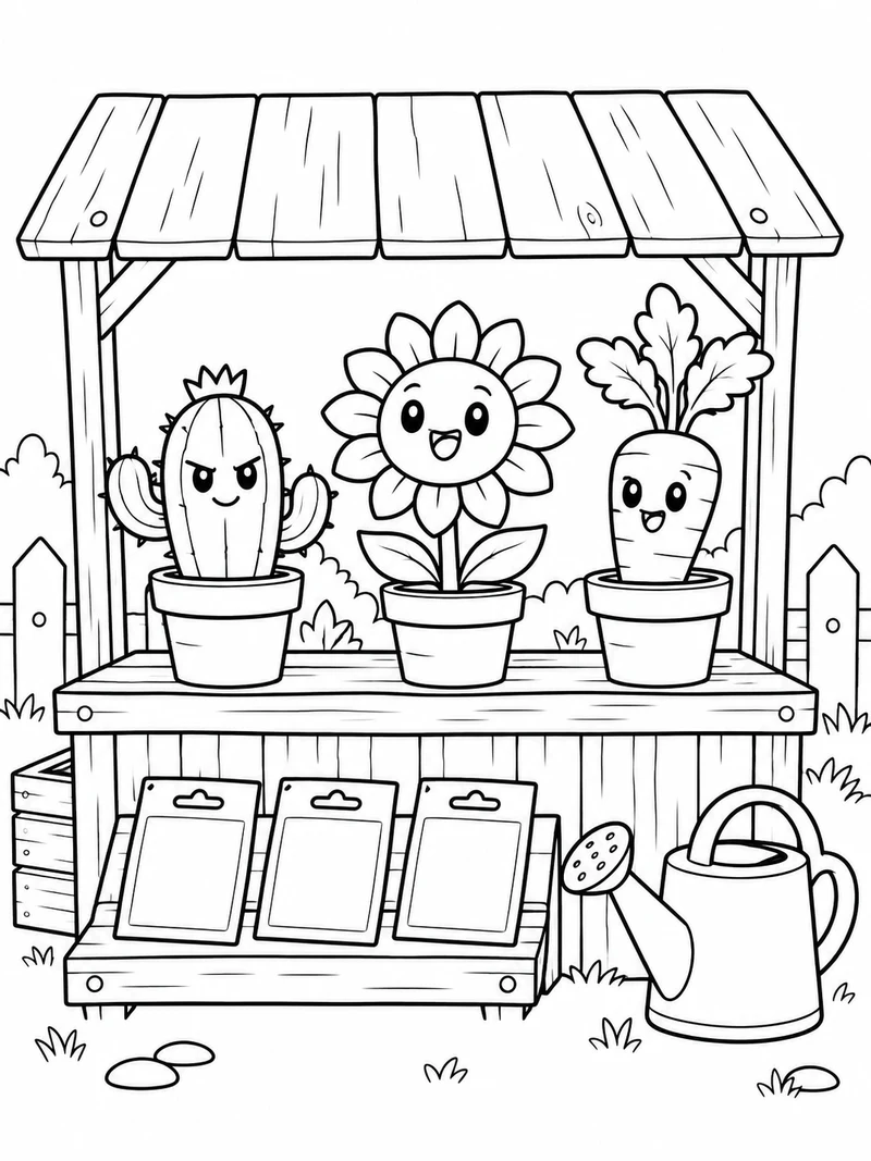 A Plants vs Brainrots inspired small wooden seed stall holds potted cactus, sunflower and carrot plants, three blank seed packets and a watering can.