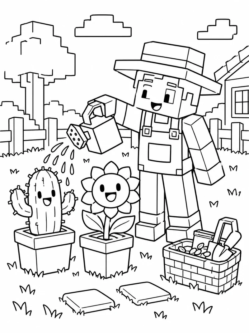 A Plants vs Brainrots inspired garden scene shows a blocky gardener watering a smiling cactus and sunflower in two pots, with a seed basket.