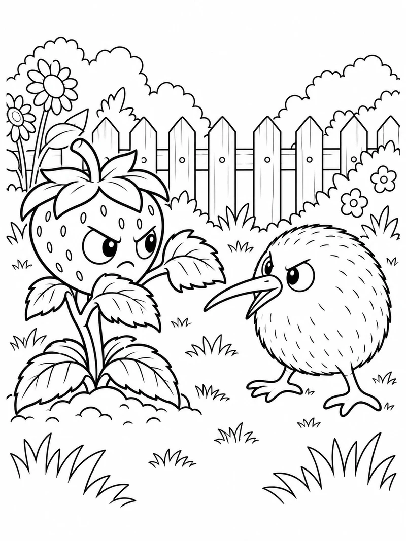 Plants vs Brainrots fan art: a strawberry plant defender faces Pipi Kiwi, a round kiwi-fruit bird with a small beak and two feet, beside a garden fence.