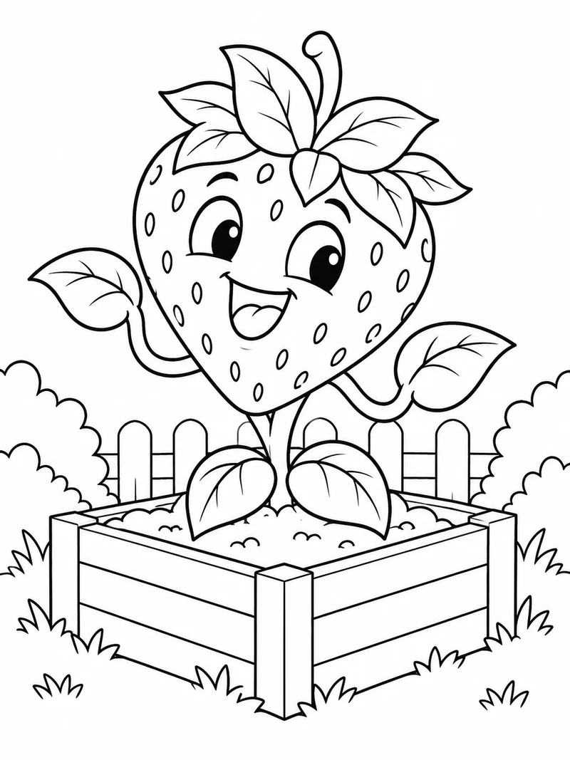 A Plants vs Brainrots fan-art strawberry plant character with a berry-shaped body, leafy crown and cheerful face stands in a square garden planter.