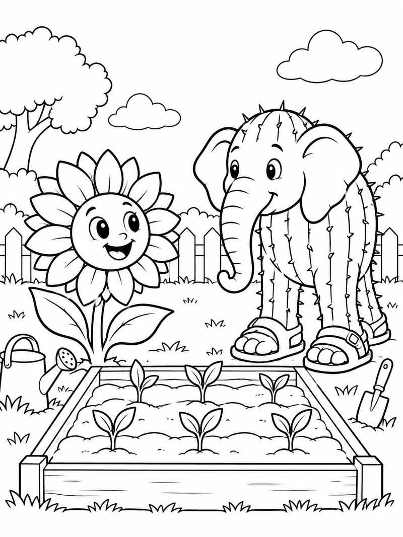 Plants vs Brainrots fan art: a smiling sunflower defender and Lirili Larila, a cactus-elephant hybrid with a trunk and sandal feet, stand on opposite sides of a garden bed.