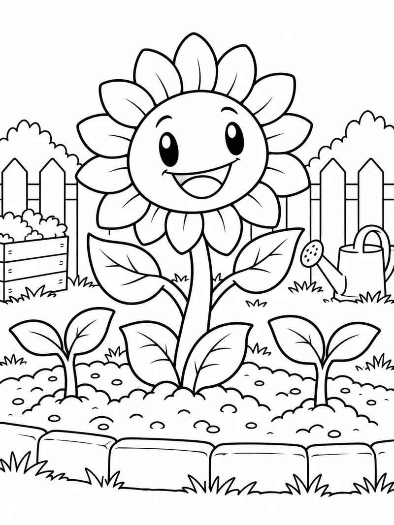 A Plants vs Brainrots fan-art smiling sunflower defender with broad petals and leafy arms stands in a neat garden bed beside two seedlings.