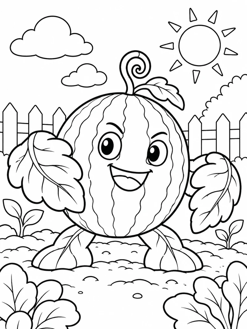 A Plants vs Brainrots fan-art smiling watermelon defender has a round striped melon body and two broad leaf arms, standing in a garden bed.