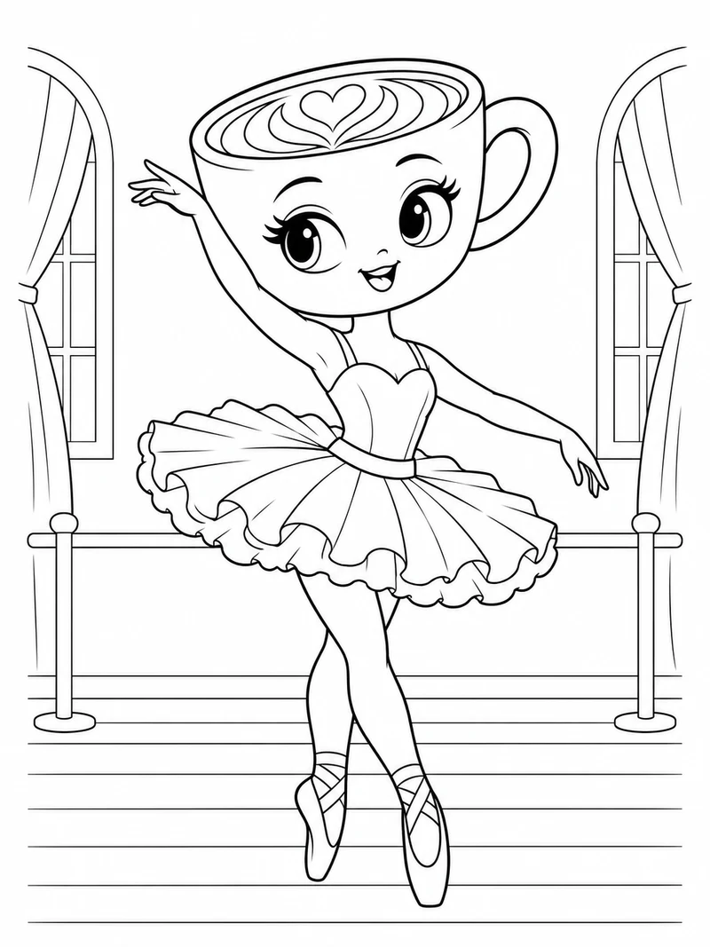 Ballerina Cappuccina from Steal a Brainrot, a cappuccino-cup-headed ballerina with a handle and visible foam, poses in a tutu and ballet slippers.