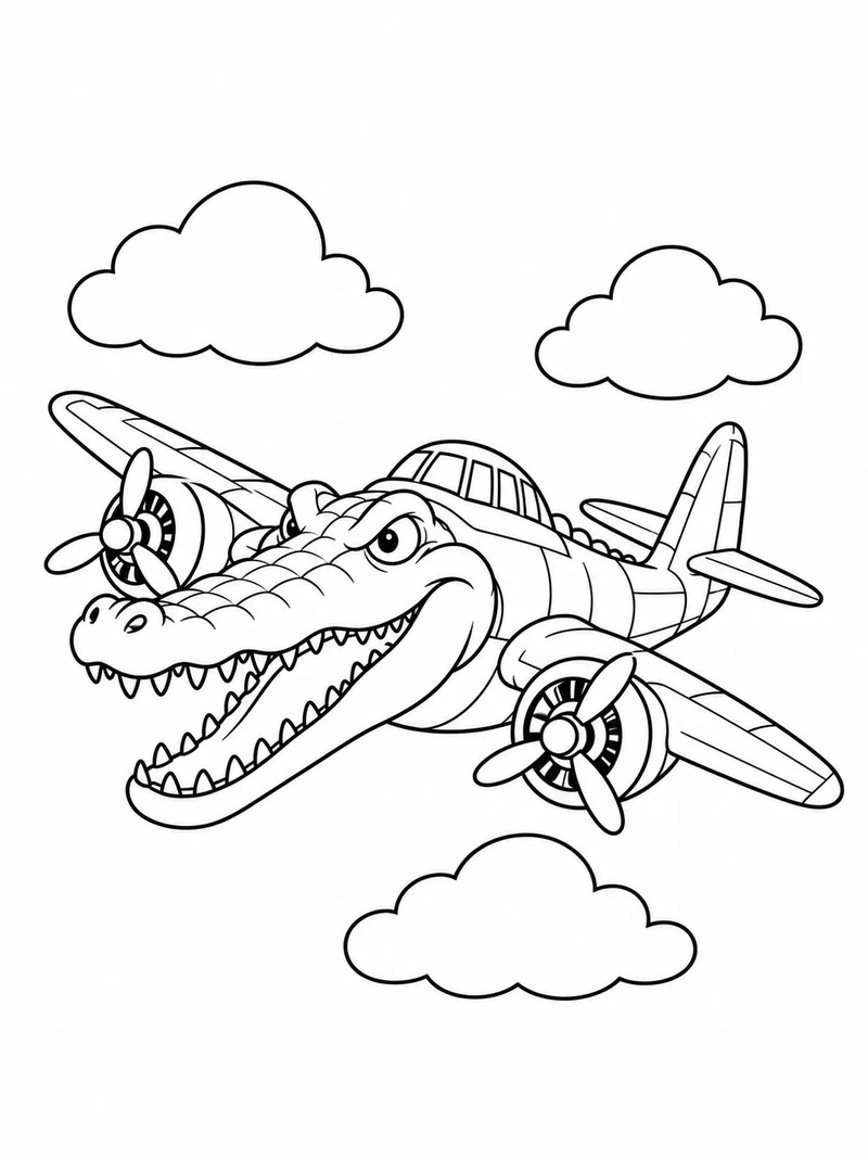 Bombardiro Crocodilo from Steal a Brainrot, a whimsical crocodile-headed propeller airplane hybrid, flies among three puffy clouds.