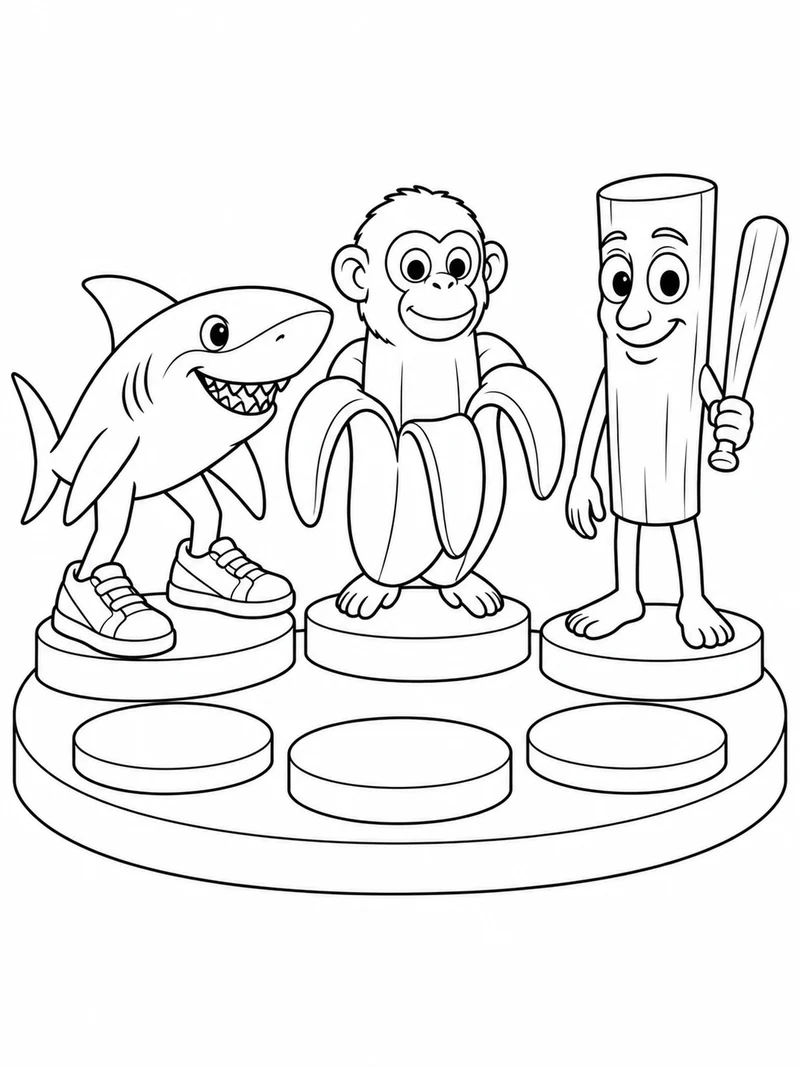 Tralalero Tralala the sneaker-wearing shark, Chimpanzini Bananini the banana chimp, and Tung Tung Tung Sahur the log character stand together in a simple toy-like collector base with empty display platforms.