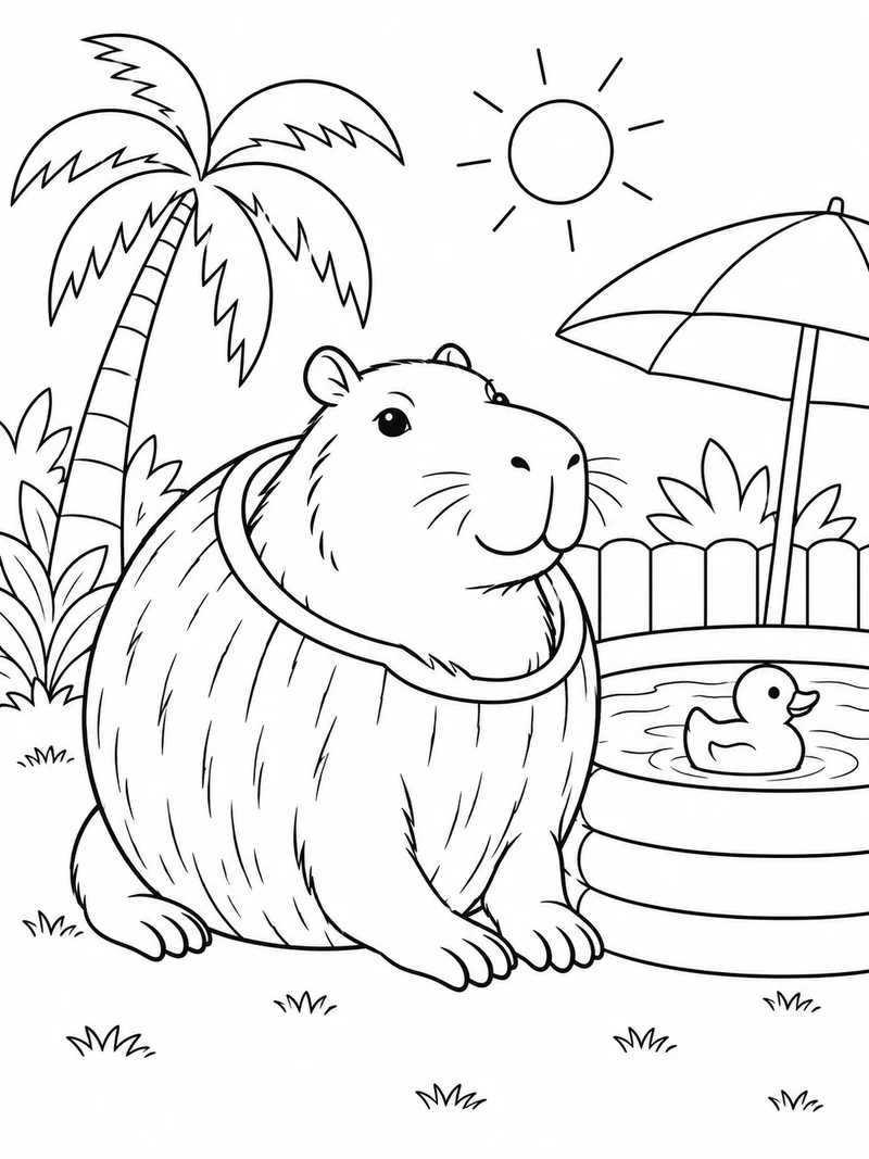 Burbaloni Luliloli from Steal a Brainrot, a relaxed capybara-like creature emerging from a round coconut body, sits beside a small inflatable pool.