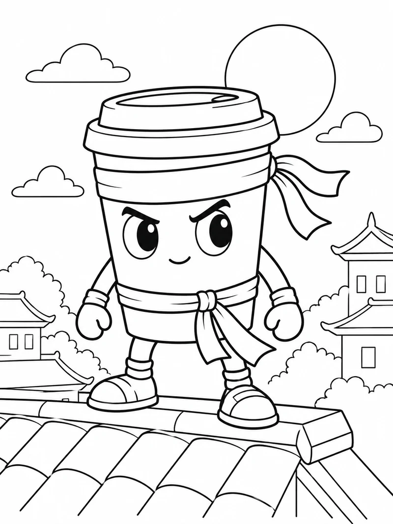 Cappuccino Assassino from Steal a Brainrot, a takeaway-coffee-cup ninja with a simple cloth headband, stands in a friendly nonviolent pose on a low roof with empty hands.
