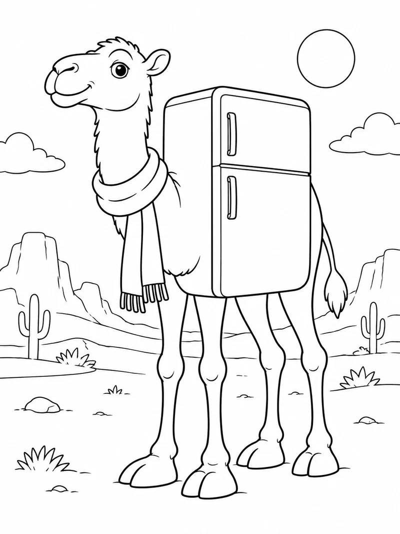 Frigo Camelo from Steal a Brainrot, a surreal camel with a refrigerator-shaped torso and long legs, wears a scarf and stands calmly.