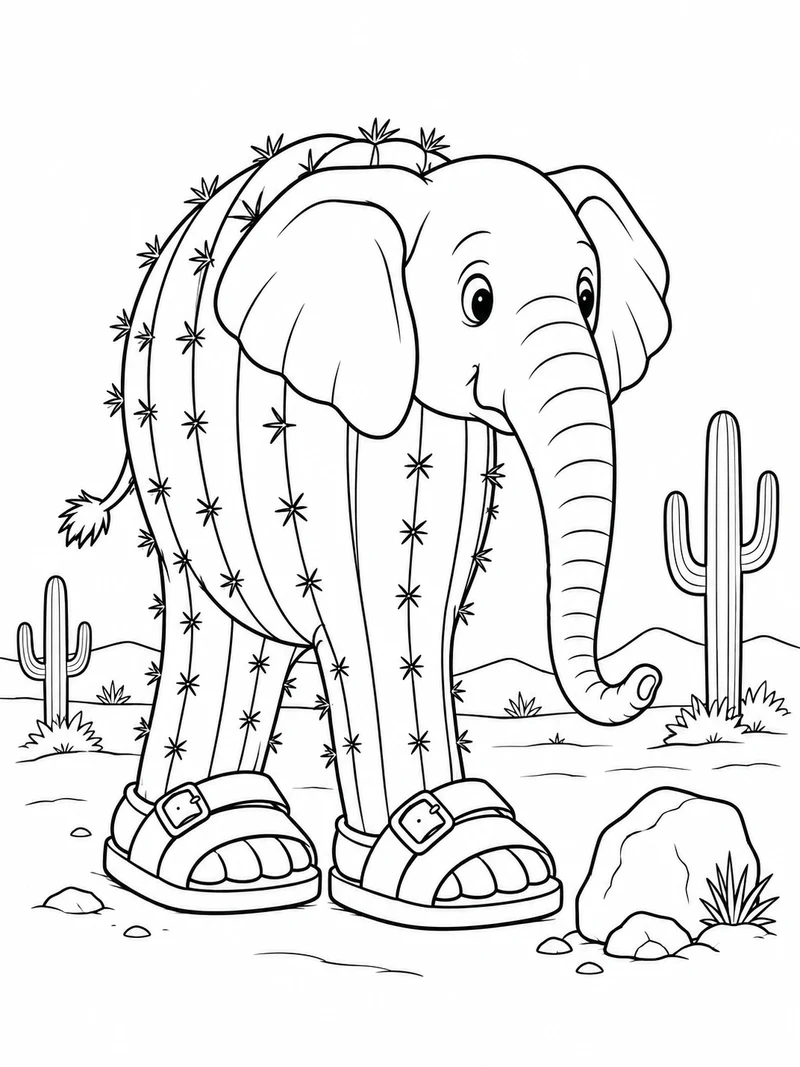 Lirili Larila from Steal a Brainrot, a surreal cactus-bodied elephant with a trunk and two sandal-clad feet, stands beside a small desert rock.