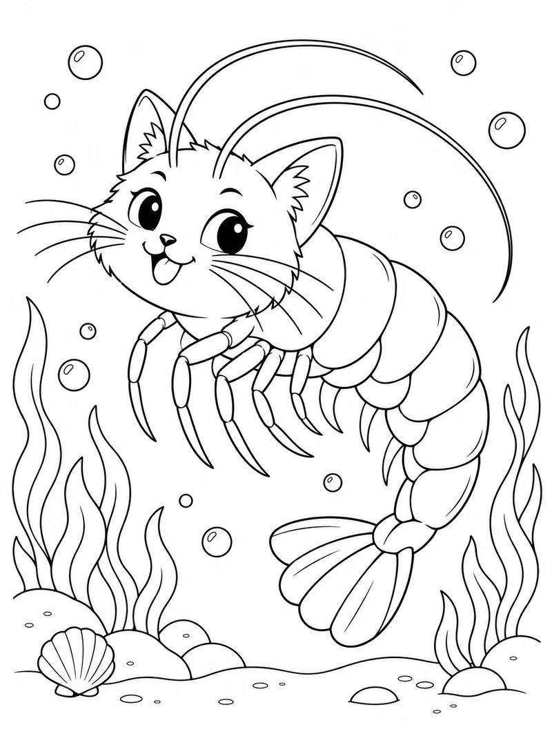 Trippi Troppi from Steal a Brainrot, a playful shrimp-cat hybrid with a cat face and curled segmented shrimp body, floats among bubbles and seaweed.