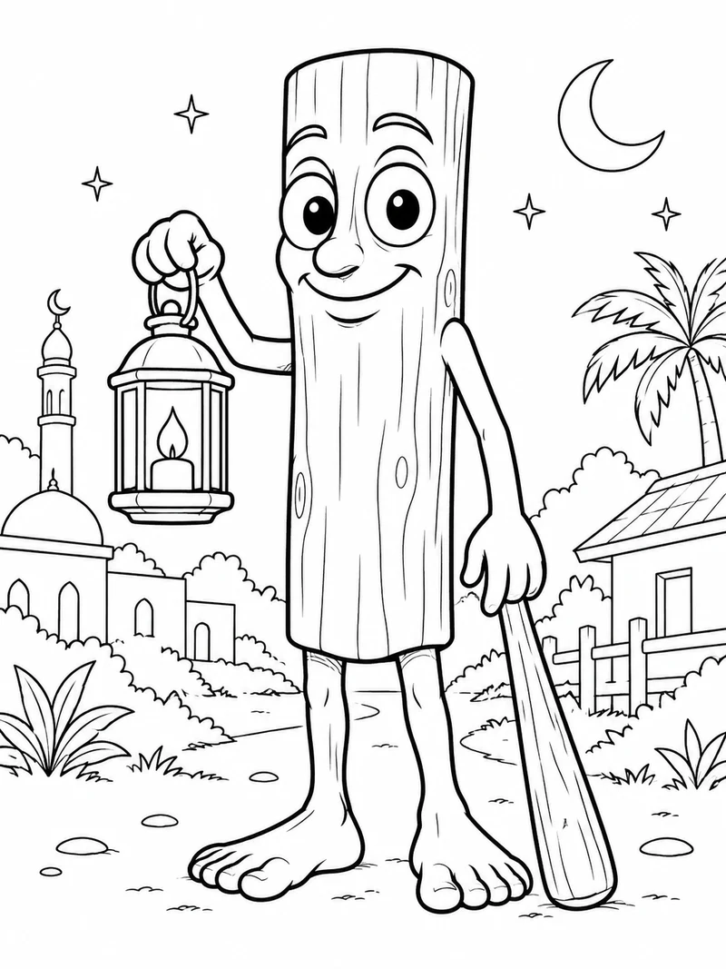 Tung Tung Tung Sahur from Steal a Brainrot, a friendly upright wooden log character with large eyes, long arms and feet, holds a lantern beside a harmless wooden bat resting on the ground.